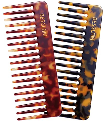 BESGLAM Wide Tooth Comb for Curls & Thick Hair - Large Detangling Comb for Women, 6 Inch Full-hand Length Acetate (Anti-Static), Wet/Dry Use, Reduces Breakage, 2 Pack (Tortoise & Tokyo)
