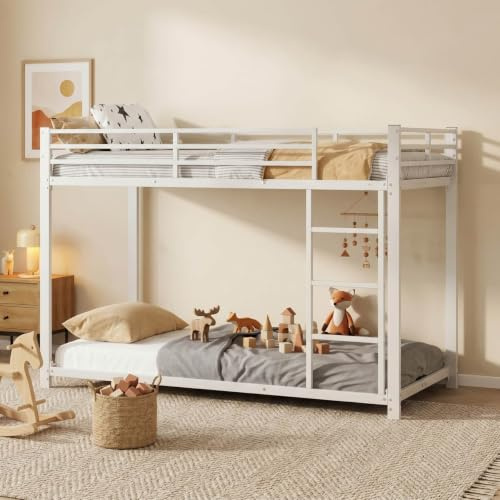 YEHTOKHOME Lit superposé en métal 90 x 200 cm avec échelle et Garde-Corps,Moderne lit pour Adolescent avec sommier à Lattes métalliques(sans Matelas) (Blanc)
