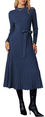Arach&Cloz Fall Winter Womens Sweater Dress 2026 Elegant Long Sleeve Turtleneck Cashmere Ribbed Knit Tie Waist Pleated A Line Pullover Fashion Belt Midi Clothes Work Business Outfits Navy Blue L