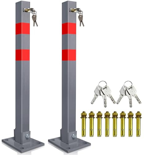 Peviasot Parkeringsspärr, vikbar, manuell avstängningsstolpe, parkeringsplatsstolpar, poller med 6 nycklar och 8 expansionsskruvar, stålspärrstolpar med reflexremsor