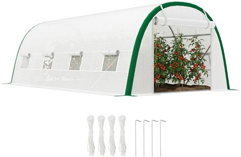 Outsunny Serre de Jardin Tunnel 18 m² Serre à Tomates 6 x 3 x 2 m Blanc | Porte Zippée Enroulable, 8 Fenêtres, Châssis Tubulaire en Acier Galvanisé, Bâche PE Haute Densité