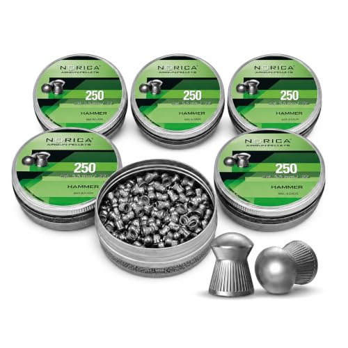 Arapaima Beitia Pack 1250 Balines Norica Hammer 5,5 mm / .22 | 5 Latas de 250 Unidades | Cabeza Redonda Estriada, 0,95 g | para Aire Comprimido y Tiro Deportivo sobre Diana