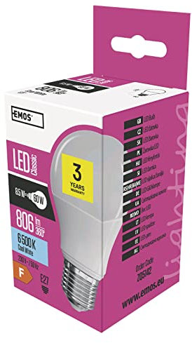EMOS LED Lampe A60, 8,5 W Ersatz für 60 W Glühbirne, E27 Sockel, Helligkeit 806 Lumen, Kaltweiß 6500 Kelvin, 30000 Stunden Lebensdauer, CRI min. 80, 180° Abstrahlwinkel