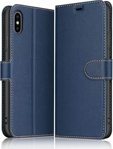 ELESNOW Fodral för iPhone X/XS, premium plånboksfodral i läder kompatibel med Apple iPhone X/XS (djupblå)