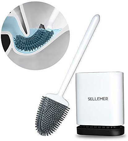 Sellemer Toilet Brush and Holder Set for Bathroom, Flexible Toilet Bowl Brush Head with Silicone Bristles, Ventilation Slots Base (Rose Gold) (White, 1Pack)