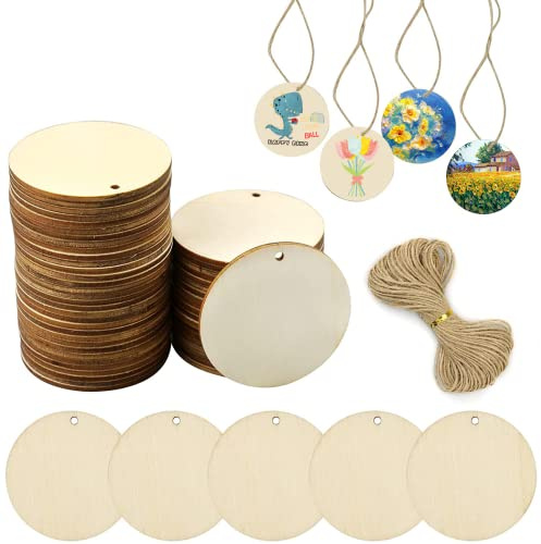 50 Piezas 5 cm Rodajas de Madera Discos de Madera Sin Terminar Con Agujeros Círculos Rebanadas para Bricolaje, Manualidades, Posavasos, Hogar, Bodas, Decoraciones para Fiestas, Regalos