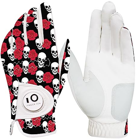 FINGER TEN golfhandskar herr vänster höger hand läder med bollmarkör sommar, golfhandskar män Weathersof premiumkvalitet mjuk komfort (svart/röd, M, vänster)
