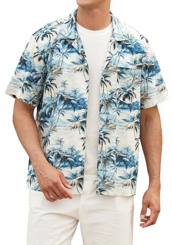 HISDERN Hawaiian Shirts for Men Short Sleeved Casual Summer Hawaiia Shirt for Beach Holiday Palm Tree Blue/White 3XL