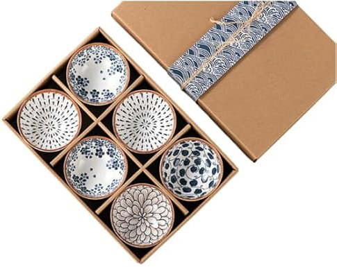 Vellichor Europe Set of 6 Japanese-Style Ceramic Rice Bowls - 300ml Bohemian Design Small Bowls for Soup, Cereal, Desserts - Chip-Resistant, Microwave & Dishwasher Safe - Elegant Dining & Gift Set