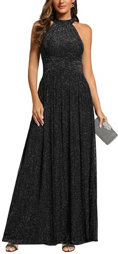 Ever-Pretty Women's Glitter Halter Sleeveless Formal Dresses Evening Gowns Pleated A-line Wedding Guest Dress Black US12
