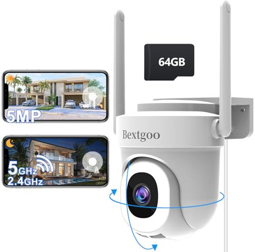 Bextgoo 3K 5MP Camera Surveillance WiFi Exterieure avec 64 Go Carte, Camera Surveillance WiFi 2.4/5GHz, Pan 355°/Tilt 120° Caméra Auto Suivi, Détection Mouvement AI, Vision Nocturne Couleur, IP67