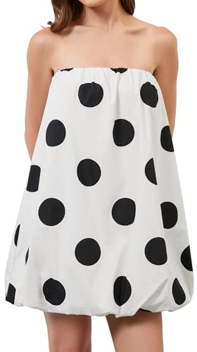 Meladyan Women’s Polka Dot Bubble Mini Dress Strapless Backless Loose Fit Tube Dress Elegant Pleated Elastic Beach Dresses