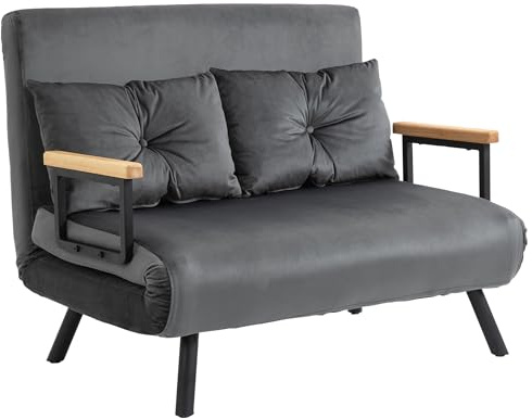 HOMCOM Sofá Cama de 2 Plazas 4 en 1, Sofá Cama Plegable Tapizado en Terciopelo con Respaldo Ajustable de 5 Niveles y Almohadas Acolchadas, para Oficina, Dormitorio, Salón, 102x73x81 cm, Gris