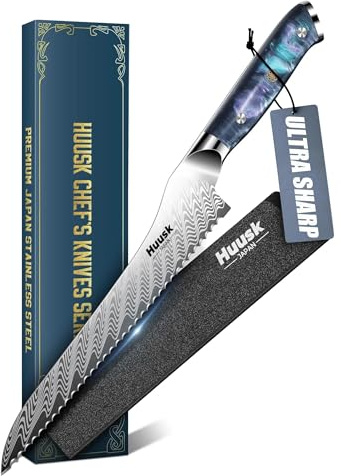 Huusk Serrated Bread Knife 8, Stainless Sourdough Bread Knife with Resin Handle & Cover for Homemade Breads Slicing, Hand Sharpened Breads Cutting Knives for Cake, Bagels, Baguettes, Gift Box