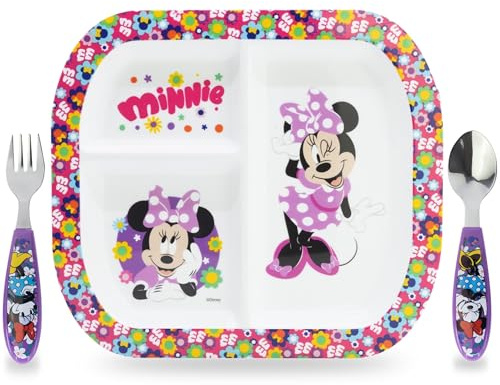Sorrisini Vajilla Reutilizable Para Microondas Minnie, 3 Piezas Partidos, Primer Juego de Destete con Plato, Cubiertos de Acero Inoxidable, Platos de Plástico Microondables