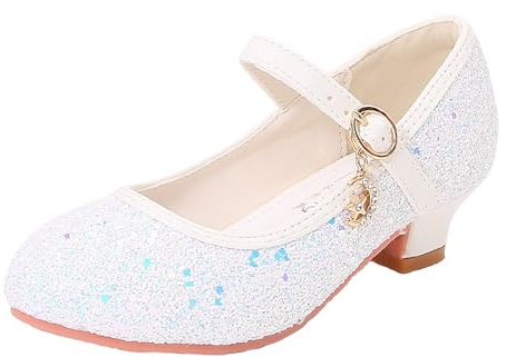 Mary Jane Shoes Women's Strappy Pumps Glitter Heel Shoes Cosplay Party Costume Princess Dress Shoes Women's Shoes Elegant and Comfortable Ballet Flats Low Shoes Dance Shoes Evening Shoes, White, 5 UK