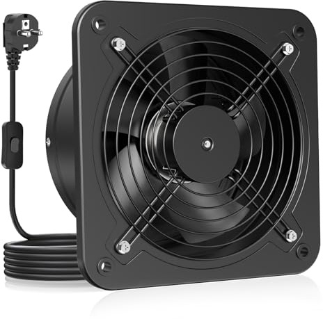 HG Power frånluftsfläkt 250 mm – 1 680 m³/h badrumsfläkt tyst med backklaff, strömbrytare, kontakt, 74,5 W industriell väggfläkt för kök badrum garage källare, svart