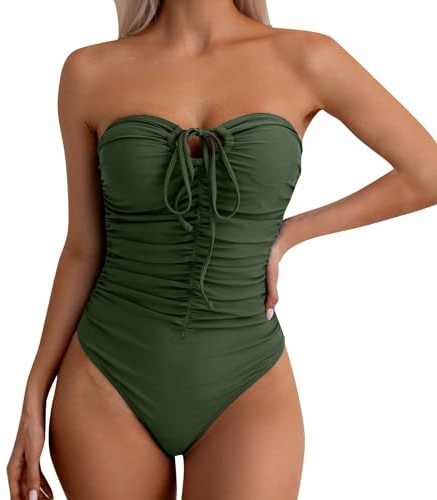 Women Tummy Control Bandeau Swimwear One-Piece Swimming Costume Ladies Solid Color Pleated Strapless Swimsuit with Front Tie Two Wear Halterneck Swimwear for Women UK 2025 (Green, L)