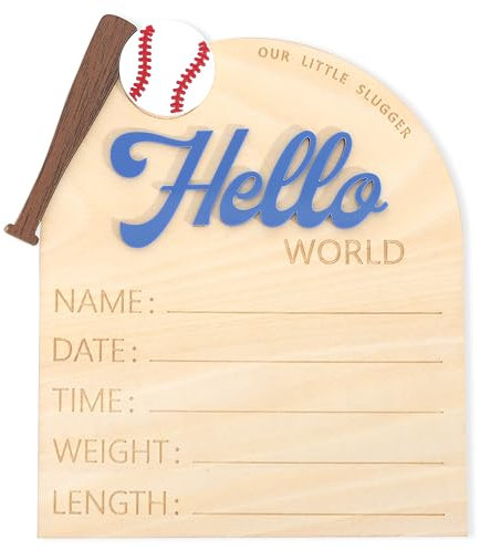 Baseball Hello World Bulletin Board - Newborn Birth Record Card Photo Props,Hospital Nursery Decorations,Baseball Birth Information Announcement Sign,Hello World Sports Milestone Wooden Board