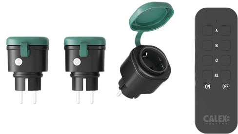 Calex Juego de 2 enchufes para exteriores, con mando a distancia, IP44, impermeable, Plug & Play, color negro