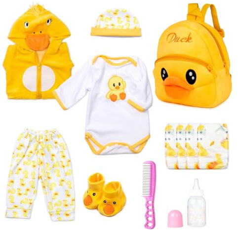 Reborn Baby Doll Clothes 17 inch Yellow Duck Outfits for 16-18 Inch Reborn Baby Doll Diaper Reusable Accessories 12 Pcs Set Backpack for Boys & Girls