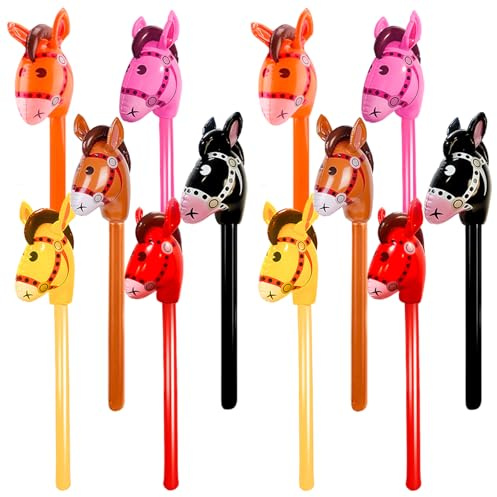 12 pack 40 Inch Inflatable Stick Horse Bulk Cute Blow Up Pony Stick Balloon Colorful Inflatable Horsehead Stick for Kids Birthday Cowboy Horse Theme Party Supply, 6 Colors