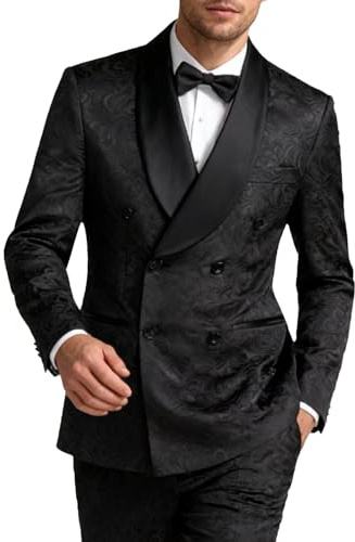 UNINUKOO Men Suits Slim Fit 2 Piece Floral Double Breasted Suit Men Formal Prom Wedding Tuxedo Jacket Pants with Bowtie US Size L Black