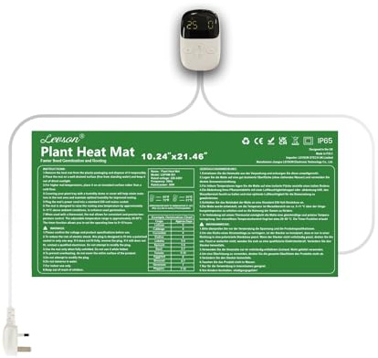 LEVSON Tappetino riscaldante per piantine da 30 W, impermeabile 26 x 54,5 cm, 15 – 60 °C con termostato e timer 0 – 12 h, tappetino riscaldante per piante, piantine, rettili e serra