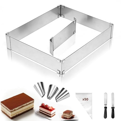 Veebmys Molde Pastel Ajustable, de Acero Inoxidable Extensible de 18-28 cm a 32-53 cm, con Divisoria y 2 Espátulas, para Hornear Pasteles, Mousse, Tiramisú y Tartas