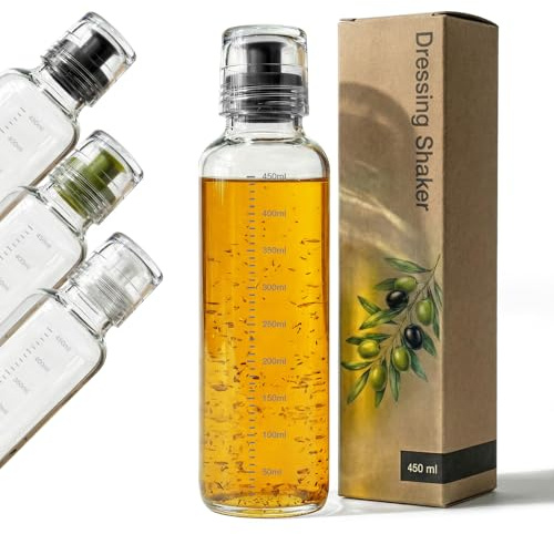 Greymount ® Dressingshaker aus Glas mit Skalierung 450ml | Dressing Behälter mit tropffreien Ausguss, spülmaschinengeeignet | Für Salatdressings, Marinaden & Saucen (Schwarz, Borosilikatglas)