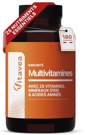 Multivitamines & Minéraux - 25 Nutriments Essentiels dont Vitamine A B C D E, Zinc et Fer - 4 Acides Aminés - 6 mois - Énergie, Fatigue & Immunité - 180 Comprimés - Fabriqué en France - Vitavea