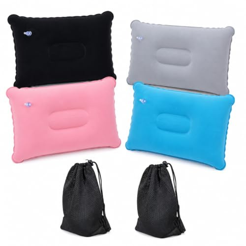 Pownert 4 Pack Blow Up Pillow 43 x 27cm, Inflatable Pillow Set with 2 Storage Bags, Beach Pillow for Sunbathing, Sunbed Pillow, Inflatable Cushion for Sun Lounger Camping Travel
