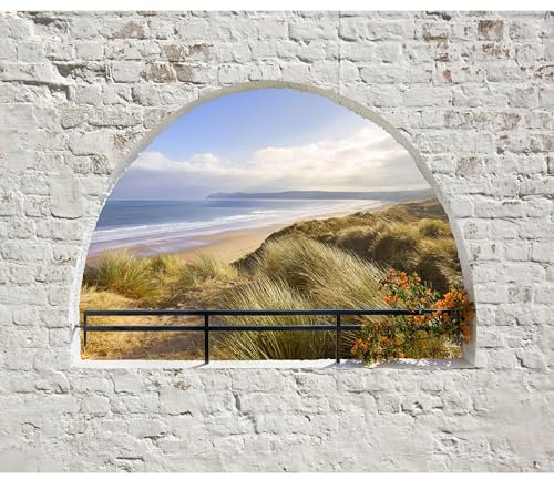 decomonkey Fototapete selbstklebend Strad und Meer Steinwand 245x175 cm XL Selbstklebende Tapeten Wand Fototapeten Tapete Wandtapete klebend Klebefolie Stein Ziegel Landschaft