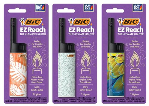 BIC EZ Reach Candle Lighter, The Ultimate Lighters for Candles with Wand, Assorted Home Decor Designs, 3 Count Pack of Long Lighters
