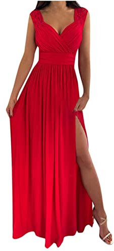Jaihank Abendkleid Damen Kleider Einfarbiges Cocktailkleid Ärmelloses Ballkleid mit V-Ausschnitt Spitzennähten Partykleid Kleid in A-Linie Swingkleid Schlitz Bodenlanges Maxikleid, Rot, S