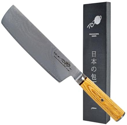 Totiko Coltello Professionale in Acciaio Damasco, Coltello da Cucina Professionale Giapponese da Verdura, Lama da 18cm, Nakiri Damascato, Manico in Resina Pakkawood - Yamomoto Japan Knives