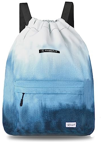 Risefit Drawstring Gym Bag Swim Bag School PE Kit Bags Waterproof Gym Backpack Beach Bags with Wide Straps Children Adults (Blue white)