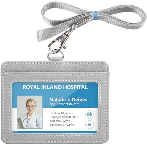 Teskyer Card Holder with Lanyard, ID Badge Holder, Oyster Card Holder, Bus Pass Holder, with Clear Window, Holding 2 Cards, PU Leather, Horizontal, Light Grey