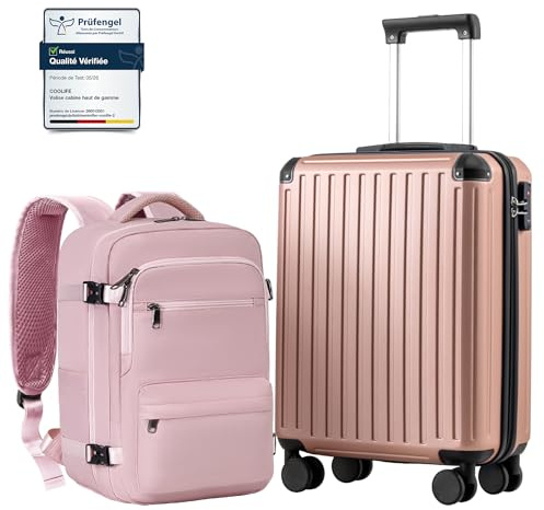 COOLIFE Kabinväska 55 x 40 x 20 cm för Ryanair flygplan, handbagage, kabinbagage, hård väska med TSA-lås och 4 dubbla hjul, Roséguld, 55 x 40 x 20 cm - Set de 2 piezas, Trolley resväska resväska ABS