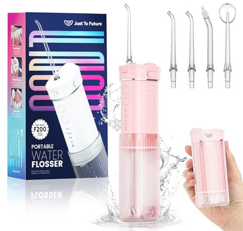 JTF Idropulsore Dentale Mini, Portatile Irrigatore Dentale Viaggio con 5 Ugelli Ricambio, 4 Modalità, IPX7 Impermeabile, 230 ML Erbatoio Dell'acqua Retrattile (Rosa)