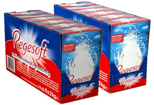 K+S Regesoft 1-6 24kg Geschirrspülsalz | 12 x 2kg Packung Spülmaschinensalz | Spezialsalz gegen Kalk Wasserflecken | Glänzendes Geschirr | Weiches Wasser