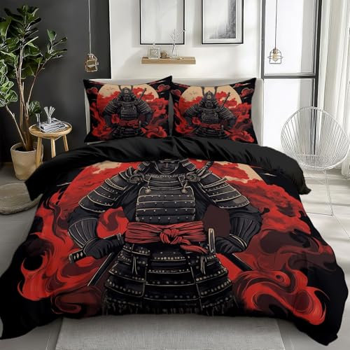 CozyRest Bettwäsche Set 135 x 200 cm Schwarzer japanischer Samurai Wendebettwäsche Drucken Bettbezug 3teilig mit Kissenbezug 80x80 cm, Bettwäsche Bettbezug mit Reißverschluss