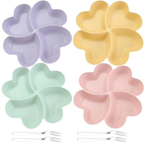Coztie Snackteller mit 4 Fach Fächern, 4 Stück Herzförmige Snackteller mit 4 Fruchtgabel Aus Edelstahl Wiederverwendbar Snackschale für Familie Esszimmer Lagerung Frucht Snack 21,5 x 3,2 cm 4 Farben