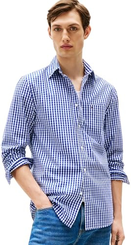 Tommy Hilfiger Herr Flex POPLIN Gingham-skjorta MW0MW39452 L/S skjorta, blå (kilblå/rutig), L, Blå (kil blå/rutig), L