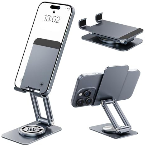NEUTYPECHIC Porta Cellulare da Tavolo 360° Regolabile, Supporto Telefono da Tavolo in Alluminio per Smartphone e Tablet, Porta Telefono Scrivania con Tappetino Antiscivolo in Silicone, Grigio