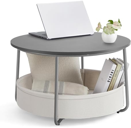 VASAGLE Couchtisch rund, Tisch mit Stauraum, Beistelltisch, Wohnzimmertisch mit Korb aus Stoff, modern, Metallrahmen, zementgrau-cremeweiß LCT244G01