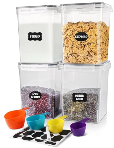 FWEEK 4 tarros grandes de 5,2 l con tapa, juego de 4 recipientes herméticos con pegatinas, lápices y cucharas medidoras, sin BPA, caja de almacenamiento de plástico para harina, cereales, cereales