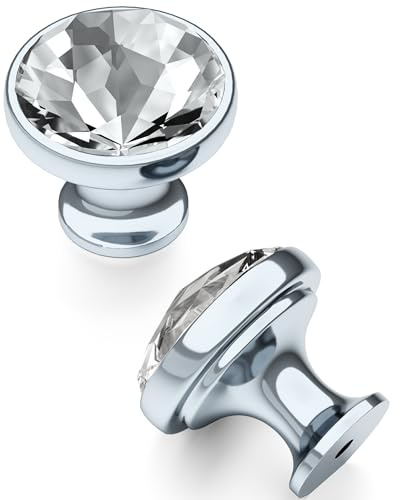 FURNIWARE 10 piezas de pomos de muebles de cristal, pomos para armarios de cromo, pomos de cocina de diamante 34,2 mm, modernos pomos para cajones de plata, pomos para armarios, tirador de puerta de