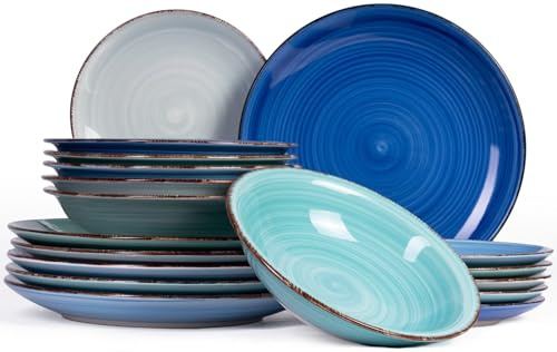 Cookinglife Porslinsset Delice Blue – 18 stycken/6 personer – 6 mattallrikar, 6 sopptallrikar och 6 frukosttallrikar