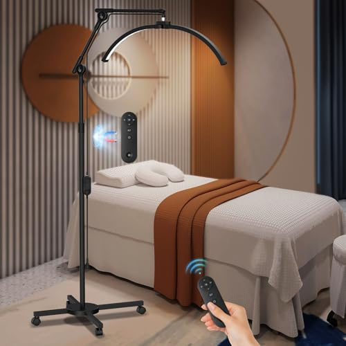 CGBE Lámpara Pestañas Media Luna de Pie: Lámpara Extensiones Pestañas con Soporte Teléfono - Base Rodante - Cabezal Giratorio 360° - Brillo y Altura Ajustables - para Pestañas/Cuidado de Piel - Negro